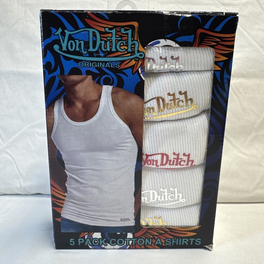 NWT Von Dutch Men's XL Cotton Ribbed Tanks A Shirts White 5-Pack NEW $52 NIB